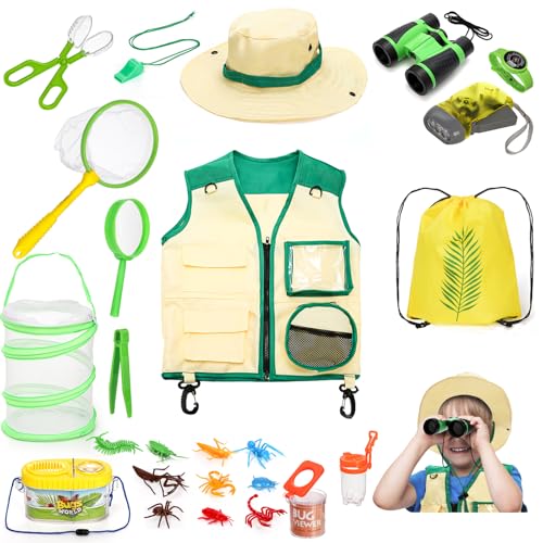 Coloch 24 Pieces Kids Outdoor Explorer Kit & Bug Catcher Kit, Bug Catching Kit with Vest, Hat, Organizing Bag, Butterfly Net, Compass and Bug Collectors by Coloch - Used condition - US$18.79