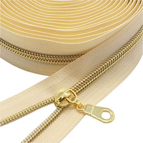 YaHoGa Cremallera sin fin beige dorado de 9 m, 30 mm de ancho, espiral de 6 mm, poliéster, 25 cremalleras sin bloqueo incluidas