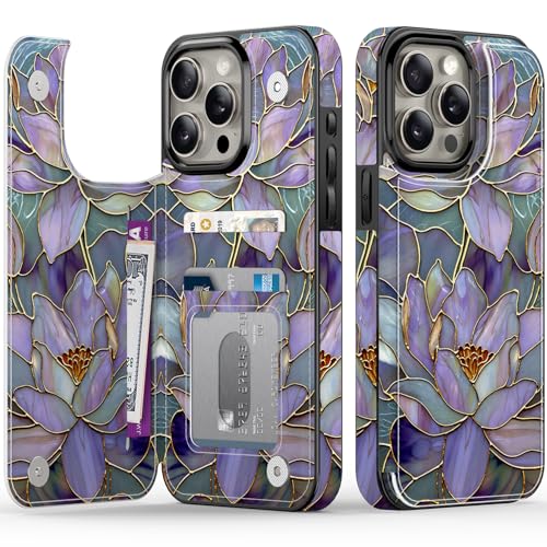FUNMIKO for iPhone 14 Pro Wallet Case with Card Holder RFID-Blocking Military-Grade Protection & UV-Printed Artwork Magnetic Closure with Leather Kickstand - Dreamy Lotus