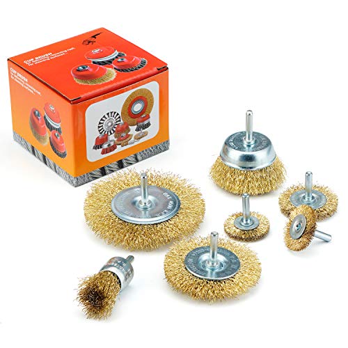 Tilax WBS006 Wire Brush Wheel Cup Brush Set 7 Piece, Wire Brush For Drill 1/4 Inch Arbor 0.0118 Inch Coarse Brass Coated Crimped Wire Wheel For Used To Clean Rust, Flakes And Abrasives Drill Attachment thumb #5