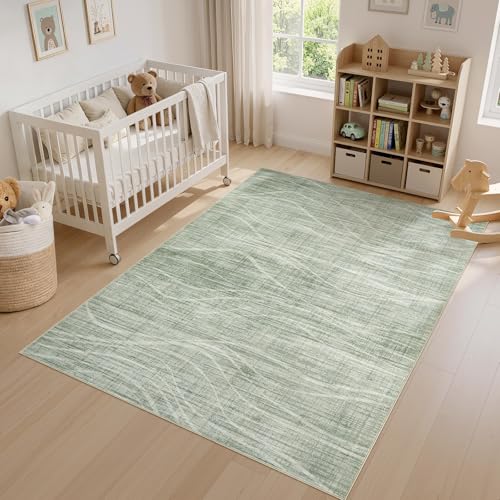 Image of WITSHOCK Washable Rugs 8x10 Modern Area Rugs, Thin Rug for Living Bedroom Dining Room Nursery Kitchen Office, Wave Striped Rugs Indoor Carpet Soft Non Slip Stain Resistant Home Decor, Sage Green