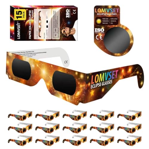 Lomvset Pack de 15/30 Gafas Eclipse Solar Homologadas ISO 12312-2 CE - 2026 Gafas para Ver Eclipse Solar Seguras Certificadas Protección UV e Infrarrojo para Adultos y Niños + Filtro para Móvil