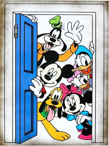 Disney Póster decorativo de pared Serie Cartoon Personajes Pluto Mickey Mouse Minnie Mouse Donald Duck en la puerta Impresión artística sobre papel Patinata 40 x 30 cm sin marco