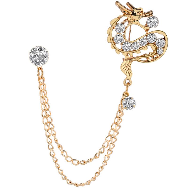 Image of coadipress Dragon With Hanging Chain Brooch Pin for Women Men Rhinestone Crystal Dragon Animal Collar Pins Suit Shirt Lapel Pin Fashion Jewelry