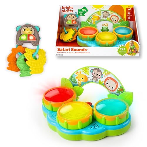 Image of Bright Starts Safari Sounds Gift Set, 2-PK Baby Toys for On the Go, Musical Drum Toy and Car Keys Toy with Car Sounds, Unisex Jungle Theme, 3-6 Months and Up