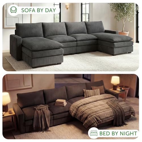Image of HONBAY 127.2 Inch Corduroy Cloud Modular Sectional Sofa with Chaise, Deep Seat U-Shaped Couch with Storage for Living Room, Apartment, Small Space,Grey