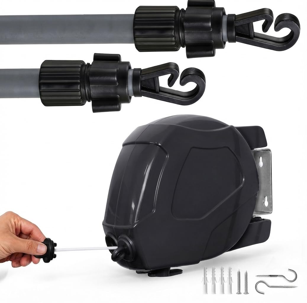 2 x 2.6M Telescopic Washing Line Props + 30M Retractable Washing Line Black