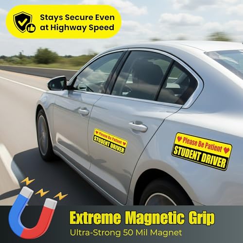 Image of Lusinus Student Driver Magnet for Car - Reflective Funny Magnetic Bumper Sticker Set - Removable Novice Driver Safety Attention Sign - Weather-Resistant