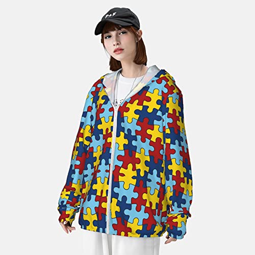 Autism Puzzle Summer Sun Protection Hoodie Jackets, Long Sleeve Sun Shirt Zip Front Rash Guard Sunblock Jacket4