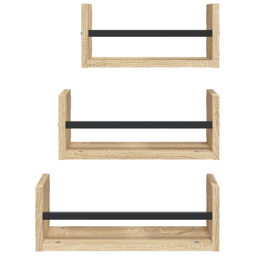 Juego de 3 estantes flotantes de pared con barras de roble Sonoma, madera y acero, 30, 35, 40 x 16 x 14 cm, soporte invisible para salón, dormitorio, cocina, baño y pasillo