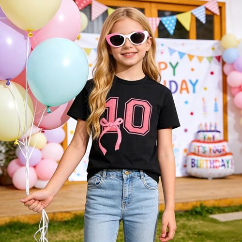Image of Girl Birthday Shirt 10th Birthday T-Shirt Bow 10 Year Old Bday Short Sleeve Tee Top Tenth Party Outfit