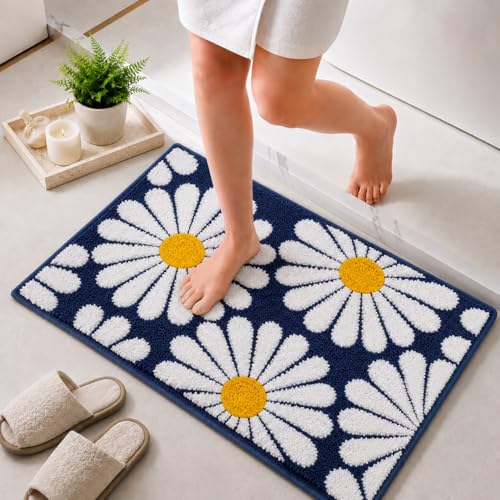 Image of Roseate Flower Anti Skid (40x60 cm) Microfiber 2000 GSM Bath Mat for Bathroom /Bedroom /Door Mat /Floor Mat (Blue) Pack of 2