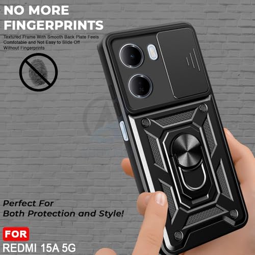 Image of AESTMO Tough Armor Redmi 15A 5G Bumper Back Case Cover | Ring Holder & Sliding Camera Shield Cover | 360 Degree Protection Back Case Cover for Redmi 15A 5G (Black)