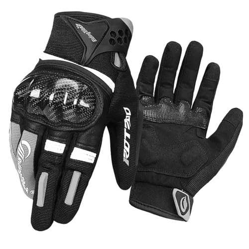 [ZVCXOE] バイク グローブ 夏 本革 メンズ バイク サイクルグローブ フルフィンガーグローブ 炭素繊維 ドライブ 手袋 指先タッチスクリーン 夜は反射する 滑り止め 落下防止 耐摩耗性 通気速乾 グレー Lのサムネイル