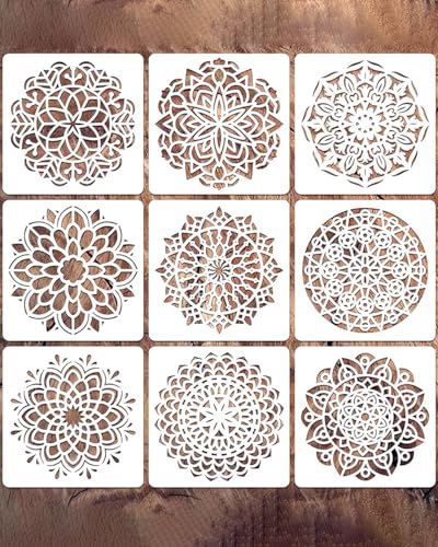 AORHOFJ 9 Piezas Grande Mándala Stencils, Grande Plantilla de Dibujo DIY, Plantilla de Pintura Reutilizable, Set de Plantillas para Suelos, Ventana, Muebles, Madera, Diseño de Paredes