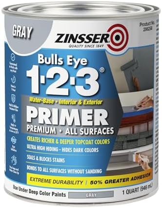 Zinsser 286258 Bulls Eye 1-2-3 All Surface Primer, Quart, Gray