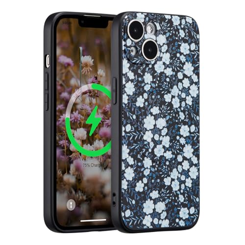 Coque magnétique pour iPhone 13 compatible MagSafe fleurie noire pour fille