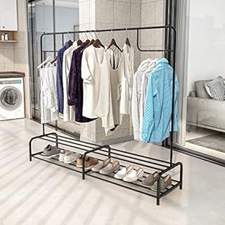 JURMERRY Metal Coat Rail Pipe Hanging Clothes Rail Heavy Duty Storage Shelf 2-Tier Metal 180 x 152 cm, Black