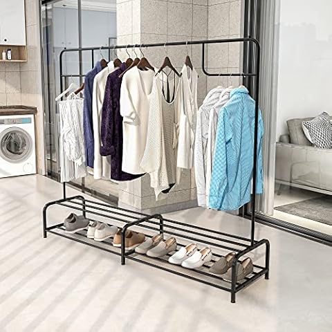 JURMERRY Metal Coat Rail Pipe Hanging Clothes Rail Heavy Duty Storage Shelf 2-Tier Metal 180 x 152 cm, Black… Cover
