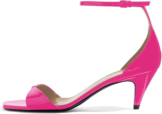 YDN Women Peep Toe Ankle Straps Pumps Cone Mid Heel Sandals Buckled Glossy Shoes