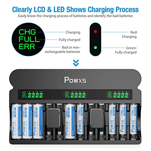 Powxs Rechargeable Aa Aaa 9V Battery Charger With 1800Ma High-Speed, 12 Bay Independent Battery Charger For 1.2V Ni-Mh Ni-Cd Aa Aaa 9V Rechargeable Batteries And 9V Lithium Ion(Include Ac Cable) #TOP2