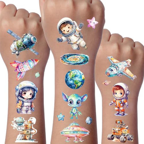 Espacio Tatuajes Temporales Niños, 12 Hojas Purpurina Tatuaje Falsos, Relleno Para Bolsas Regalo Infantil, Decoraciones Cumpleaños Fiesta Espacial, Regalos Para Niños Niñas