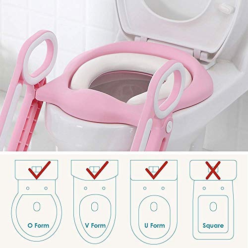 Potty Training Toilet Seat with Step Stool Ladder for Kids Children Baby Toddler Toilet Training Seat Chair with Soft Cushion Sturdy and Non-Slip Wide Steps for Girls and Boys (Pink White)