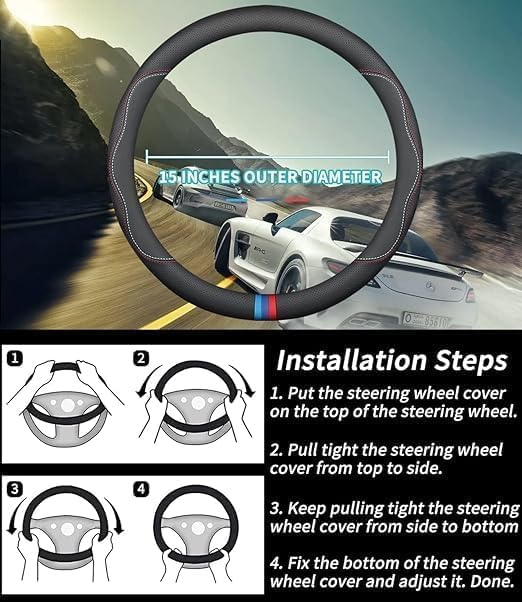 Image of 15 Inch Car Leather Steering Wheel Cover, Automotive Accessories Elastic Breathable Anti-Slip Soft Wheel Protector Fits Men and Women, Suitable for SUVs, Trucks, Vehicles and RVs