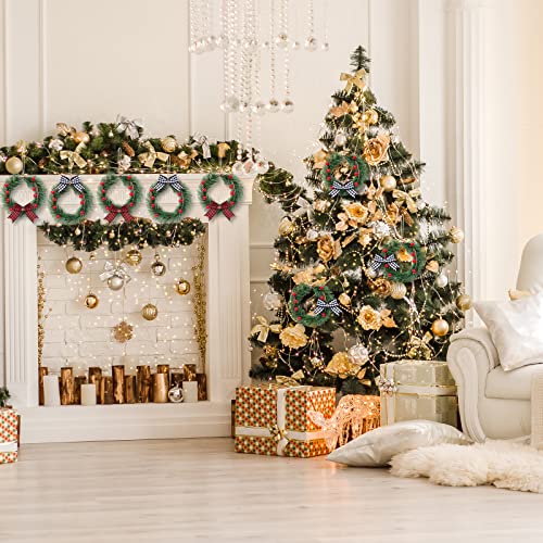 Whaline 8Pcs Mini Christmas Wreath With 8Pcs Mini Plaid Bows Christmas Pine Wreaths Black White Red Bow Christmas Hanging Ornaments For Christmas Tree Window Wall Door Holiday Festival Decoration #TOP4