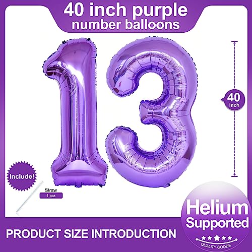 Image of Number 13 Purple Balloons 40 Inch Giant Purple 13 Number Foil Helium Balloons for 13th Purple Birthday Party Supplies 31st Anniversary Events Decorations