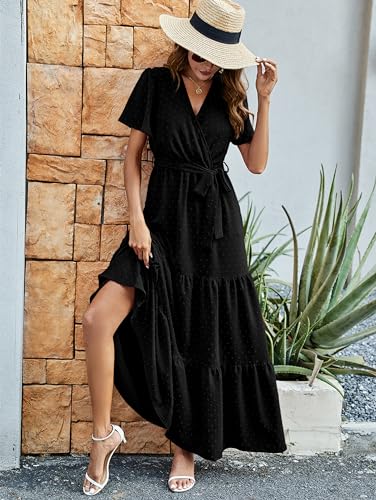 Image of MASCOMODA Women Boho Swiss Dot Maxi Dresses Wrap V Neck Flutter Short Sleeve Solid Tie Waist A Line Tiered Flowy Long Dresses