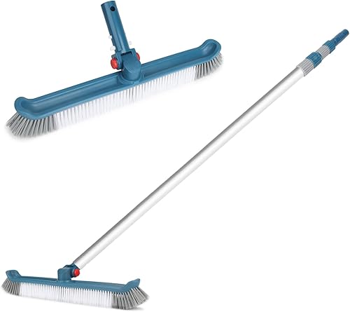 Cepillo de escoba para piscina con poste, cerdas de nailon pulido de 18 pulgadas y postes telescópicos de aluminio de 12 pies para limpiar paredes