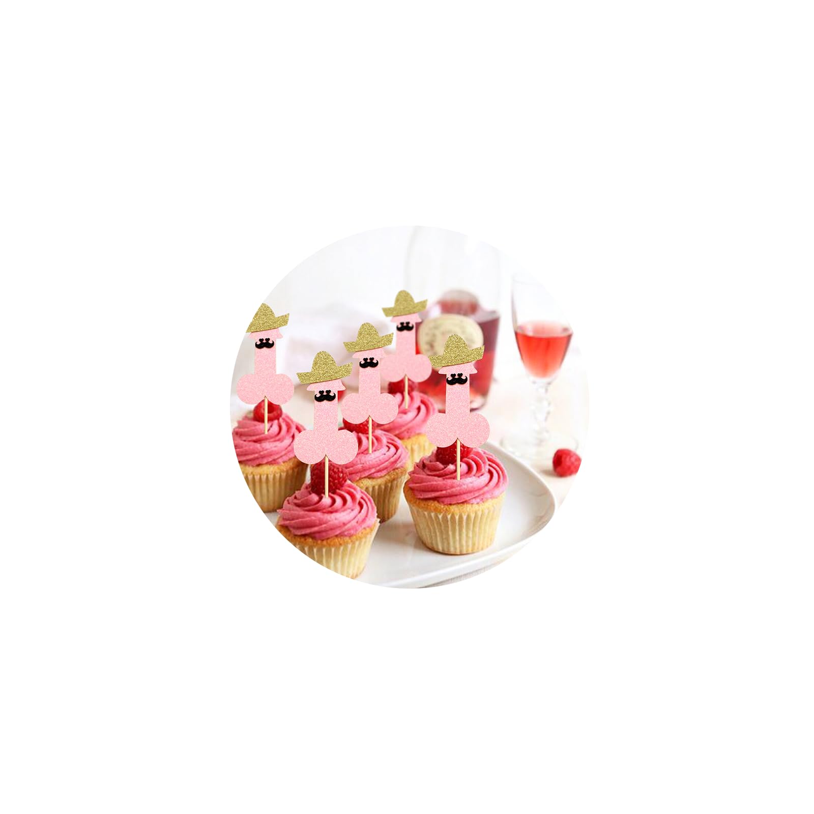 24PCS Bachelor Party Cupcake Toppers Hat Beard Bachelorette Pink Glitter Cake Topper Decorations for Funny Bachelorette Theme Party Bridal Shower Wedding Birthday Party Supplies