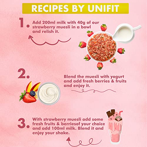 Image of UNIFIT Strawberry Muesli | 375g Pack of Antioxidant-Rich Strawberry Bliss | Healthy, Crunchy, and Instant Breakfast Delight!