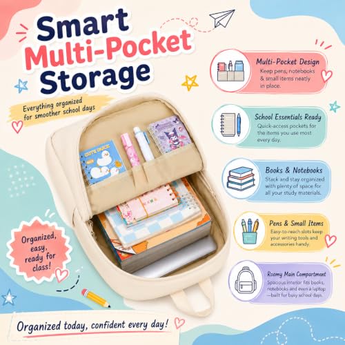 Image of LOIDOU Backpack for Girls School Backpacks Bookbags for Elementary Middle School Women Laptop Backpacks (Pure Beige, L-17)