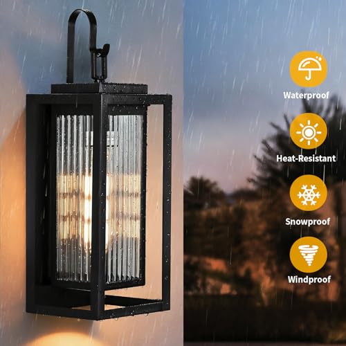 Image of 2 Pack Outdoor Wall Lights for House Exterior, 18 Inch Large Black Modern Lantern with Dual Metal Frame & Textured Glass, IP65 Waterproof (Bulbs Included)