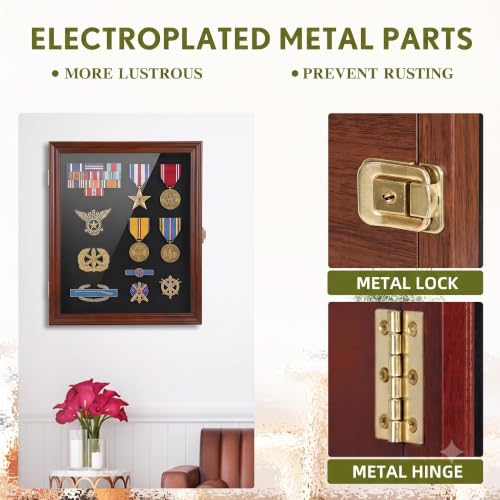 Image of Walnut Solid Wood Medal Display Case, Lockable Shadow Box 11x15 in | UV-resistant acrylic door; lockable metal latch; wall mount or tabletop; fits ribbons, pins, patches