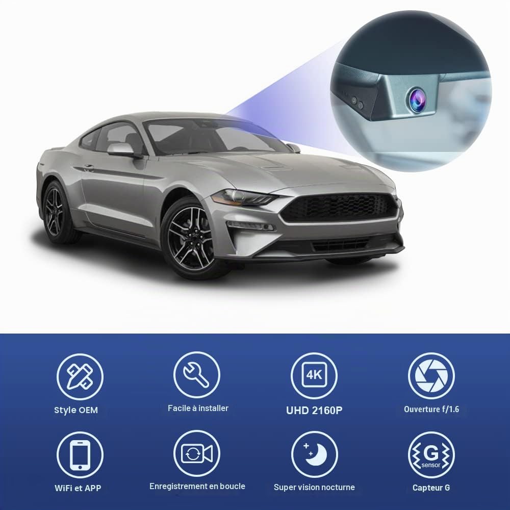 FITCAMX Caméra de Voiture 2160P Convient pour Ford Mustang 2014-2023 GT Ecoboost Premium Mach 1 Shelby GT500 GT350 Bullitt (HD2-0141), OEM Dashcam 4K UHD WiFi, G capteur, WDR, Plug & Play, 64Go Carte