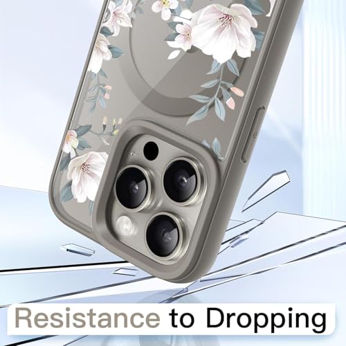 Image of VONZEE Compatible with iPhone 15 Pro Max Case Luxury Retro Flowers Floral Clear for Magnetic Wireless Charging Case Shockproof Case PC+TPU Cute Glossy Shiny Cover for Girls Women, 6.7'' Grey
