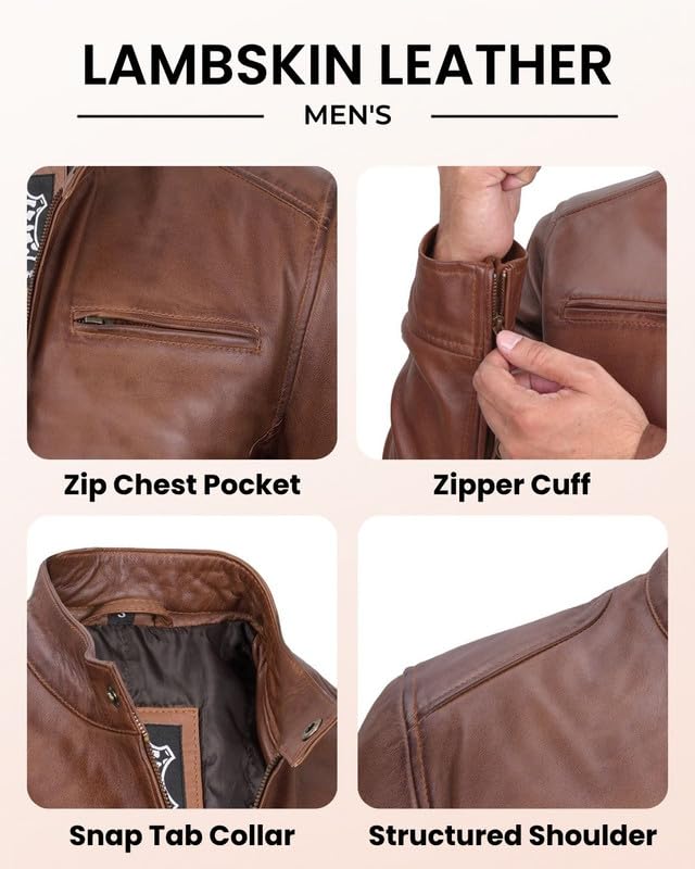 Image of Blingsoul Leather Jacket Men - Real Lambskin Cafe Racer Motorcycle Style Jacket for Mens