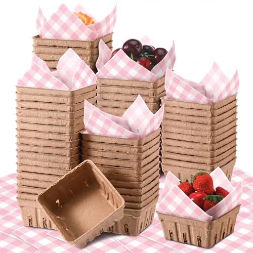 Acellegic 72 Pcs/36 Sets Gingham Baby Shower Pulp Fiber Berry Basket with Wax Paper Sheets Small Basket Container Wood Boxes Farmers Market Favor for Strawberry Blueberry Cherry(Pink)
