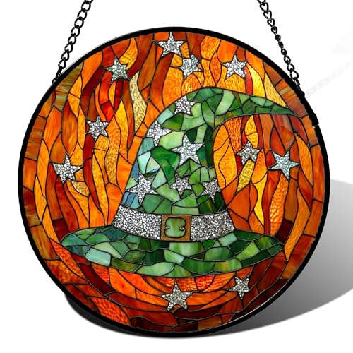 Image of Stained Glass Window Hanging - Halloween Decorations Witch Hat Suncatcher for Doors Garden Indoor Spooky Funny Green Sun Catchers Gothic Decor Horror Gifts for Women Men Friend 7.8 in