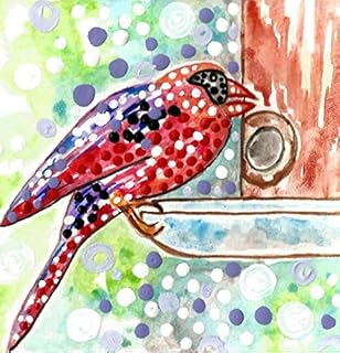 Red Cardinal Bird at Birdfeeder Original Art 4 x 4" painting wild red cardinal birds nature watercolor painting original artwork avian StickyKitties contemporary small modern paintings