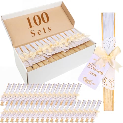 Beeveer 100 Sets Handheld Wedding Fans Ready to Use Includes White Paper Handheld Fans Bow Ribbons Thank You Tags Paper Doilies for Bridal Shower Party Favors Wedding Gift for Guests (Ivory)