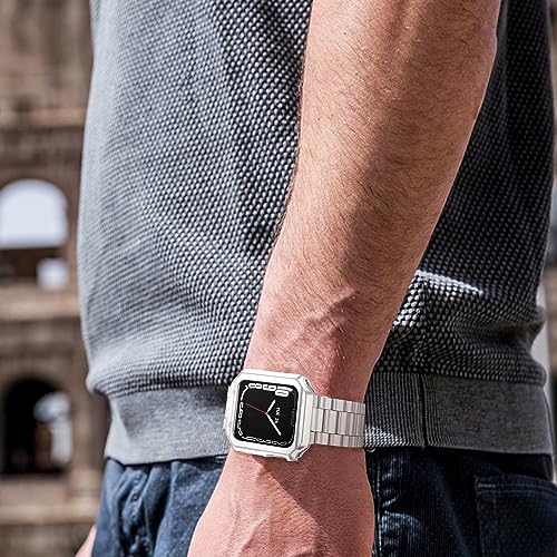 TISIMO Compatible with Apple Watch Band 45mm 44mm 42mm 41mm 40mm 38mm,Stainless Steel Metal iWatch Band with TPU Case for Apple Watch Series 9 8 7 6 5 4 3 2 1 SE Men and Women(42mm 44mm 45mm,Silver)