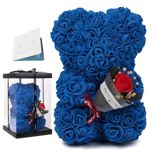 RECUTMS Rose Bear Valentines Day Gifts for Her Artificial Rose Teddy Bear for Girlfriend Mom Wife Handmade Rose Bear for Mothers Day Anniversary Birthday Gifts (Royal Blue)