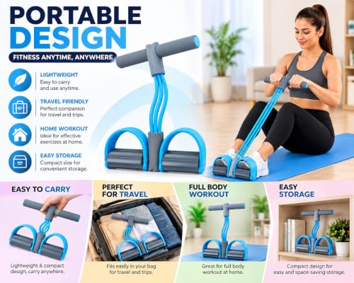 Image of Resistance Band with Pedal for Home Workout, Yoga Pedal Puller with 4 Tube Elastic Bands, Full Body Exercise Equipment for Arms, Legs, Abs, Back & Strength Training for Men & Women
