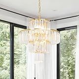 GMlixin Gold Crystal Chandelier, 7-Light 4 Tiers 19.68' Crystal Light, Adjustable Hanging Metal Ceiling Lighting Fixture, Modern Foyer Dining Room Chandeliers for Bedroom,Hallway,Kitchen