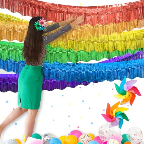 Image of LOLStar Rainbow Foil Fringe Tinsel Garland, Streamers Banner, 6 Pack | 60Ft Tinsel Streamers, Shiny Rainbow Tinsel Fringe Banners for Birthday, Pride Month, Parade Floats, Wedding Decor