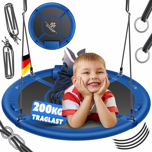 KESSER Nestschaukel Tellerschaukel Hängeschaukel Rundschaukel Ø 60cm Schaukel bis 200kg belastbar mit Kissen & 4 Griffen verstellbar Kinderschaukel Indoor & Outdoor für Kinder & Erwachsene Blau
